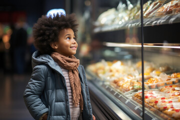 Fototapeta premium Little boy child in grocery department of supermarket