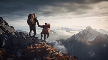 Hiker reach his hand to his friend to climb the mountain - obrazy, fototapety, plakaty