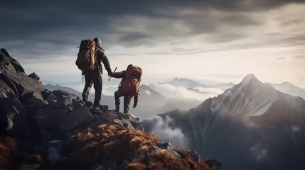 Fototapeten Hiker reach his hand to his friend to climb the mountain © Johannes