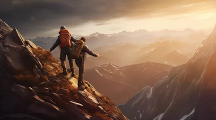 Rucksack Hiker reach his hand to his friend to climb the mountain © Johannes