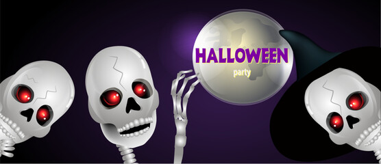Funny skeletons and the moon. Halloween party invitation design template