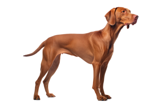 Capturing the Grace & Elegance: A Majestic Vizsla Dog Stands Upright, Showcasing Its Poise and Beauty, Perfectly Isolated Against a Pristine White Backdrop.