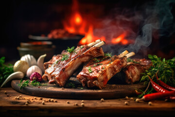 A stack of Lamb Ribs meat with smoke and pepper on the side ready to eat