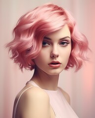 young beauty woman with pink hair on a pink background
