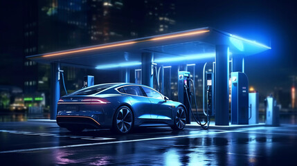 Portrait of electric car at the charging station - obrazy, fototapety, plakaty