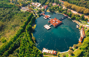 Aerial view of the famous Lake Heviz in Hungary, thermal lake. Outdoor travel background