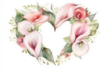 Watercolor heart wreath with calla lily and roses on white. Ideal for wedding invites. Generative AI