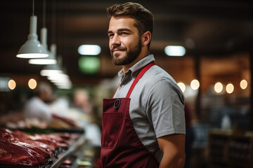Fototapeta premium Salesman in apron, on background of grocery department of store.