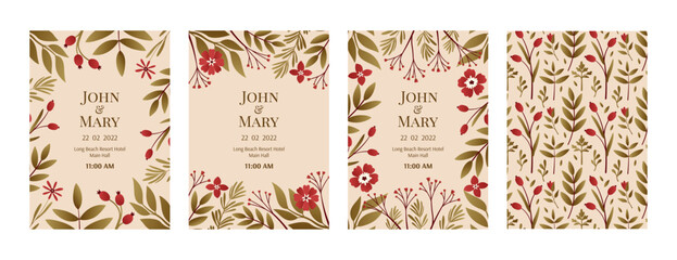 Fototapeta na wymiar Set of wedding invitation templates with elegant floral design. Botanical illustrations of flowers, leaves, berries, branches. Romantic collection of trendy flat vector designs and background.