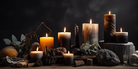 Foto op Aluminium burning candle on a wooden table, creating a cozy ambiance with a warm and inviting backdrop. Generative AI. © Surachetsh