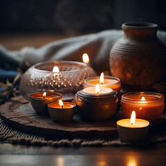burning candle on a wooden table, creating a cozy ambiance with a warm and inviting backdrop. Generative AI.