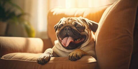 Happy pug dog lying on a cozy couch in a living room, natural sunlight