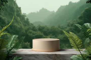 A white round device sits on a table in front of a jungle background