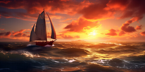 Boat Sunlight Sea Colorful Sailing boat sails into sunset with warm and peaceful sky Sailboat In The Water At Sunset Background Ai Generative

