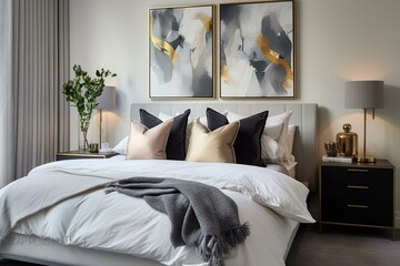Stylish bedding and artwork in a chic and modern bedroom of a luxurious flat. Generative AI