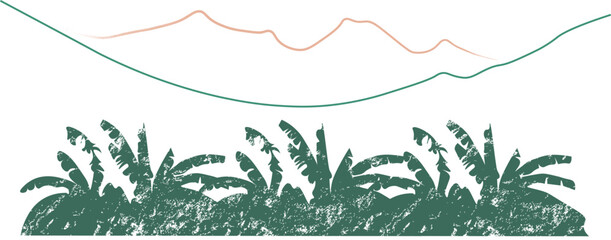Vector illustration. Banana plantations, mountains. Textured.