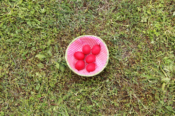 basket with red Easter eggs on the green grass - greek Easter concept