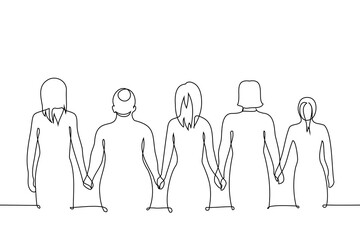 women stand with their backs in a row holding hands - one line art vector. concept female community, body diversity, representation, solidarity