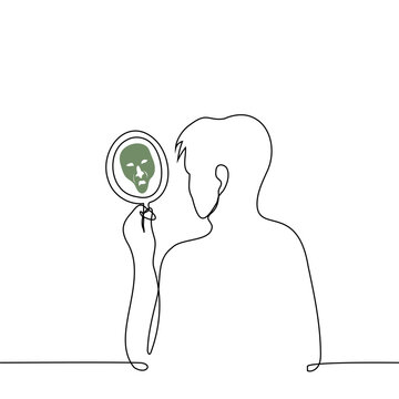 handsome man stands looking in the mirror where he sees a terrible ugly grimace - one line art vector. concept self-hypnosis, low self-esteem, self-hatred
