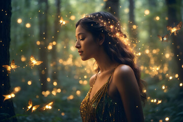 A Cute Young Girl In mystical forest where fireflies create intricate patterns of light - obrazy, fototapety, plakaty