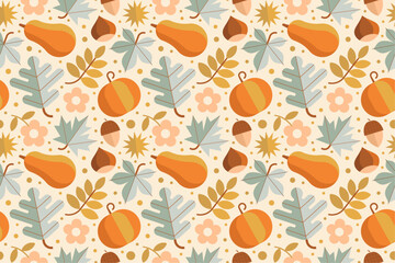 Autumn botanical pattern with various plant elements, pumpkin, gourd, acorn, chestnut, flower and leaf