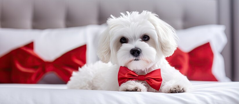 A dog with a red bow is sitting on a bed and posing for a picture