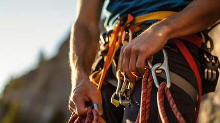 Male rock climber with climbing equipment holding rope ready to start climbing the route - obrazy, fototapety, plakaty