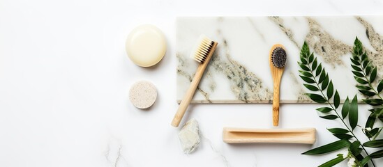 Fototapeta na wymiar Sustainable lifestyle concept with bamboo toothbrushes and natural soap on marble background Zero waste plastic free Flat lay top view