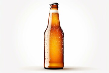 Beer bottle with water droplets and blank label isolated on white. Generative AI