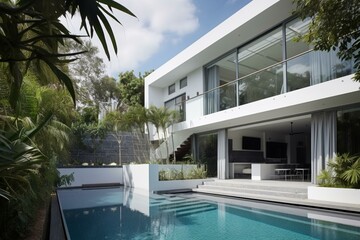Contemporary residence with pristine pool. Generative AI - obrazy, fototapety, plakaty