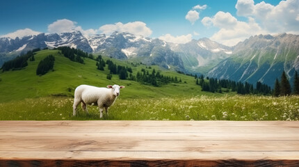 Empty rustic old wooden boards table copy space with sheep grazing on alpine meadow in background. Dairy product display template. Generative AI
