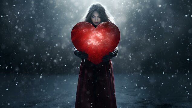 Hände einer Frau halten ein Herz im Winter