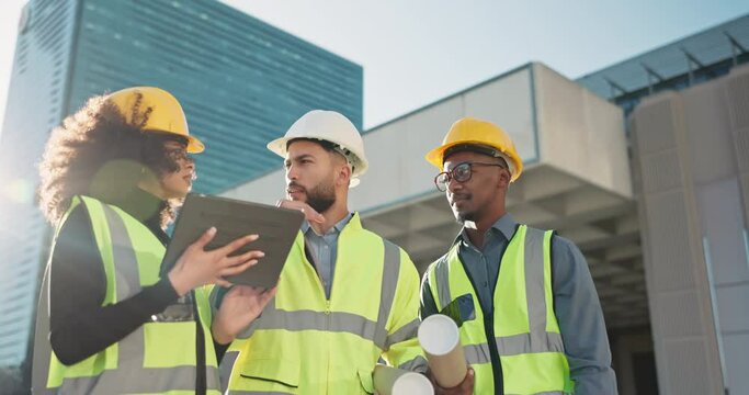 People, architect and tablet in city planning for meeting, construction or building project on site. Group of employees, contractor or engineer in teamwork on technology for architecture plan or idea