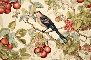 Retro avian and fruit design on neutral backdrop inspired by William Morris. Generative AI - obrazy, fototapety, plakaty