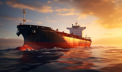 oil tanker in the middle of the sea at sunset, ai generative