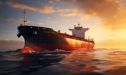 Fotobehang oil tanker in the middle of the sea at sunset, ai generative © Miftah