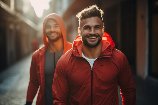 Generative AI picture of happy young people running jogging enjoying active lifestyle fitness concept