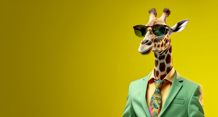 Cool looking giraffe wearing funky fashion dress - jacket, shirt, tie, sunglasses. Wide banner with space for text at side. Stylish animal posing. Generative AI