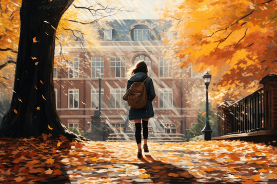 silhouette of a woman walking on old vintage campus college ivy league in autumn fall trees leaves in hand drawn pencil art digital style sketch