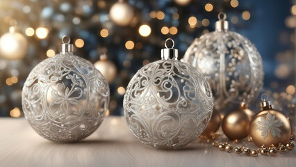 Christmas background with shiny balls, with blurred bokeh lights.