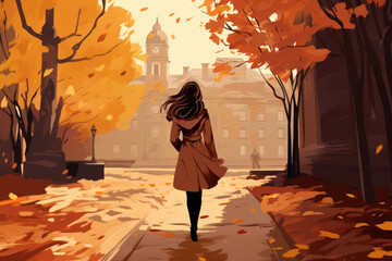 silhouette of a woman walking on old vintage campus college ivy league in autumn fall trees leaves in hand drawn pencil art digital style sketch - obrazy, fototapety, plakaty