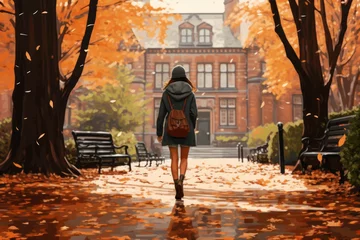 Tuinposter silhouette of a woman walking on old vintage campus college ivy league in autumn fall trees leaves in magazine editorial cinematic film look © MaryAnn