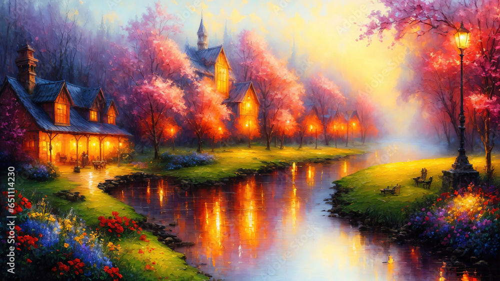 Wall mural Summer landscape flowers and trees near river, idyllic view at sunset, oil painting style illustration.