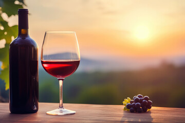 Bottle and Glass of Red Wine in Soft Sunlight - obrazy, fototapety, plakaty
