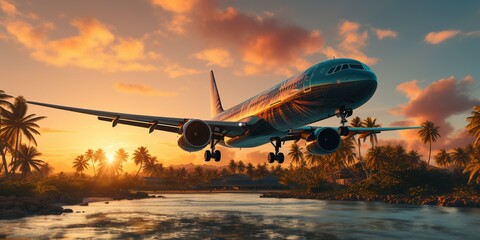 Fototapeta na wymiar Airplane flying above palm trees in clear sunset sky with sun rays. Concept of traveling, vacation and travel by air transport