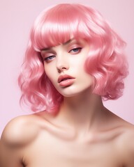 young beauty woman with pink hair retro charm glossy finish, softly blended hues