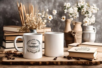 Obraz na płótnie Canvas Oversize farmhouse coffee mug craft product mockup with farmhouse style decor, gifts and stack of books for Mother's Day, Father's Day, Birthdays, and Anniversaries. Negative copy space