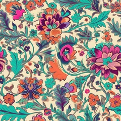 Fotobehang Bold and colorful henna inspired floral motifs seamless pattern, AI Generated . © shahiddzn