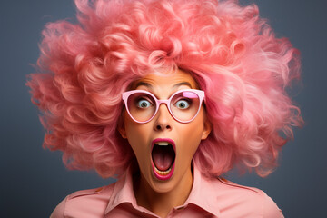 Woman wearing glasses and pink wig surprised with eyeglasses on pink background, in the style pick photo, clownpunk - obrazy, fototapety, plakaty