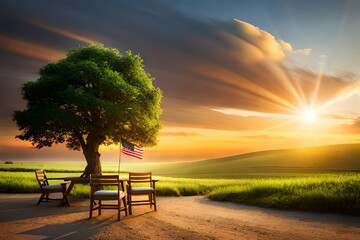beautiful oak tree view with American flag and tools .